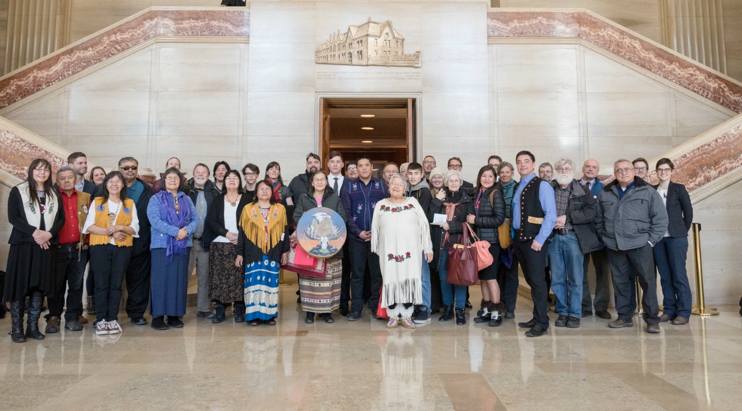 Peel Watershed delegation at the Grand Entrance Hall of the Supreme Court of Canada for the hearing on the Peel Watershed legal case. Photo by Justin van Leeuwen