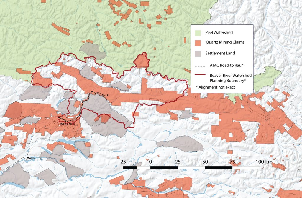 ATAC’s proposed Road to Rau (dotted in black) leads to mining claims (red) that stretch to the border of the Northwest Territories, far beyond the Beaver River Watershed planning boundary. The road could transform this unspoiled wilderness.