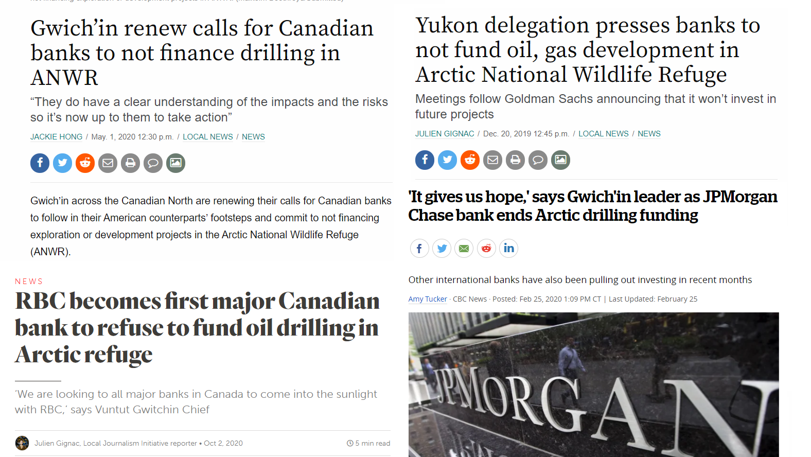 Collage of news headlines on major banks committing to not fund drilling in the Arctic Refuge