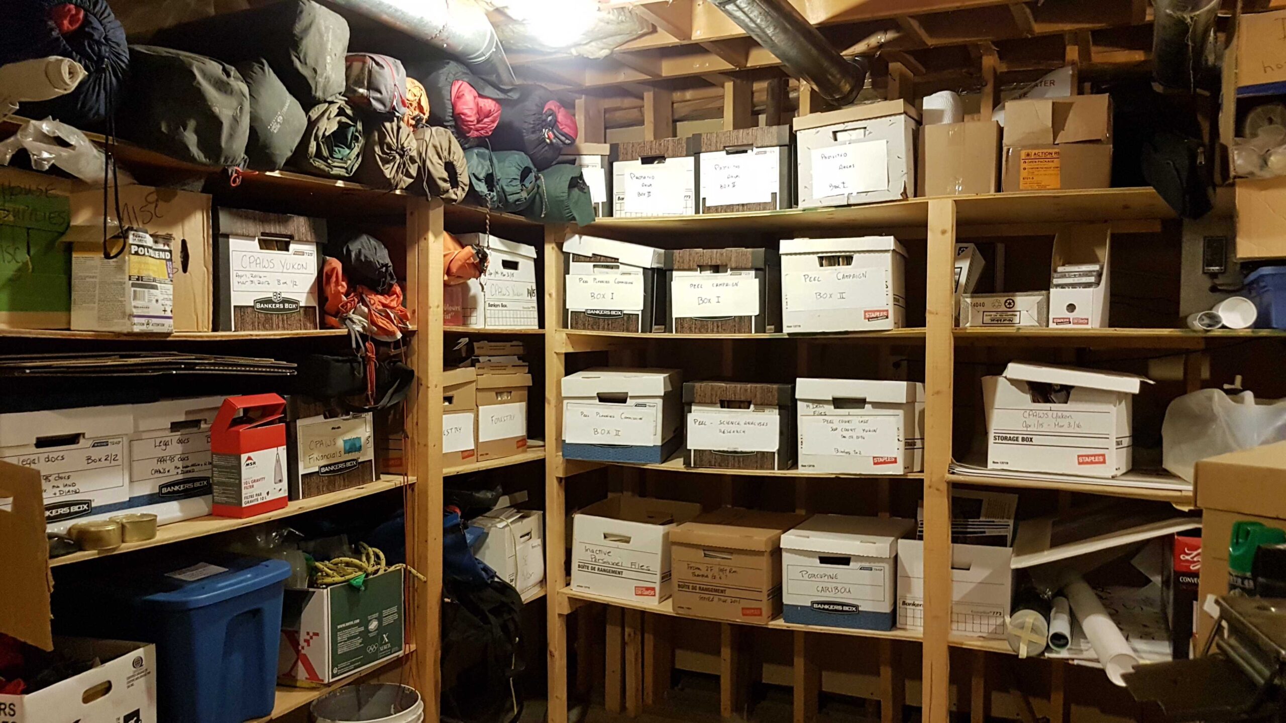 Boxes of folders and papers pertaining to the Protect the Peel campaign and other projects, housed on shelves in the CPAWS Yukon basement