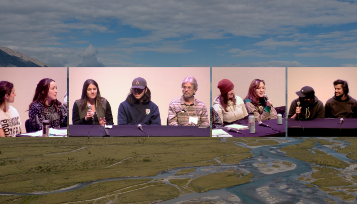 Snapshots of trip participants speaking and sharing stories at Voices from the Wind River, overlaid on a photo of the braiding river during the trip. From left to right: Joti Overduin, Kadrienne Hummel, Chantel Blysak, Lucien Trudeau, Joel Luet, Bethany Paquette, Shalaya Boss-Blackjack, Jona Barr, and Ashwin Freyne.