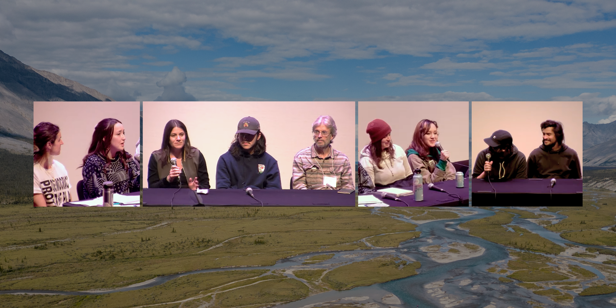 Snapshots of trip participants speaking and sharing stories at Voices from the Wind River, overlaid on a photo of the braiding river during the trip. From left to right: Joti Overduin, Kadrienne Hummel, Chantel Blysak, Lucien Trudeau, Joel Luet, Bethany Paquette, Shalaya Boss-Blackjack, Jona Barr, and Ashwin Freyne.