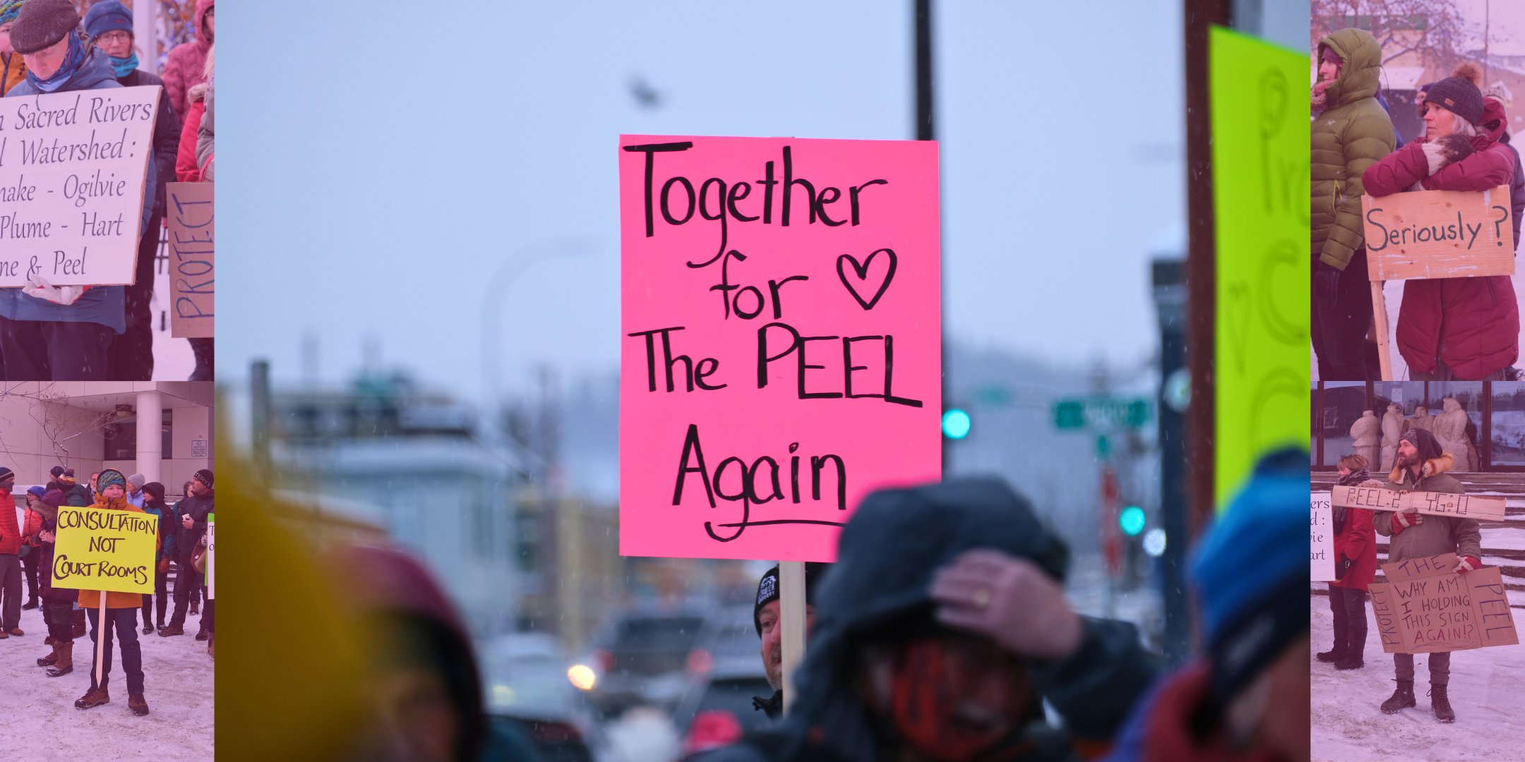 Close-up of a bright pink sign at the rally in Whitehorse that reads, "Together for the Peel Again" with a hand-drawn heart. Kwanlin Dün First Nation and the Ta’an Kwäch’än Council traditional territory, photo by Adil Darvesh.