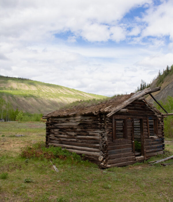 An historic weathered log cabin in Old Ross in a grassy clearing surrounded by hills and sparse trees. Photo by Hannah Hofsink, Ross River Dena Council territory.